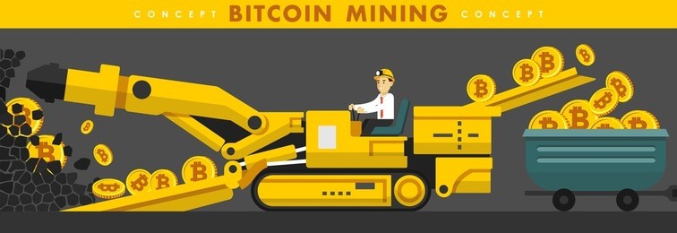cryptocurrency concept with businessman miner and coins. young man with mining equipment working in bitcoin mine 