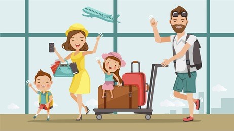 family travel. father ,mother, son and daughter at the airport.happy family concept. cartoon asian character family, illustration, vector,isolated from the background airport
