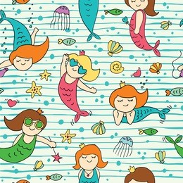seamless vector background with mermaids, fish, jellyfish and starfish.