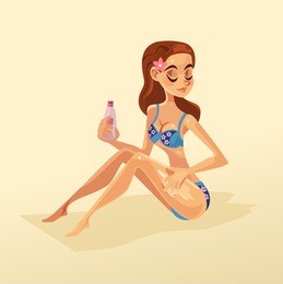 happy smiling woman character on the beach smeared herself with sunscreen. vector flat cartoon illustration