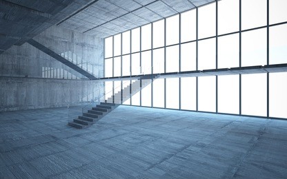 abstract  concrete interior multilevel public space with window. 3d illustration and rendering.