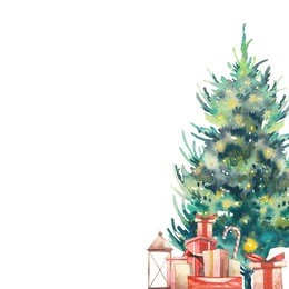 watercolor christmas tree card template. hand drawn holiday frame on white background. winter illustration