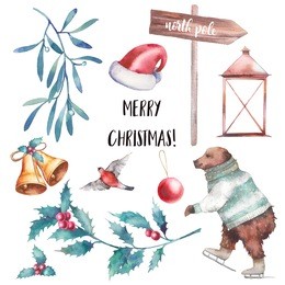 christmas illustration set. watercolor objects collection: santa claus hat, golden bells, lantern, bullfinch, cartoon bear, mistletoe, holly branch and north pole wood sign. isolated holiday icons
