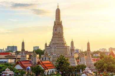 wat arun temple at sunset in bangkok thailand. wat arun is a buddhist temple in bangkok yai district of bangkok, thailand, wat arun is among the best known of thailand's landmarks
