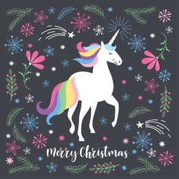 merry christmas greeting card with unicorn, vector illustration on black background