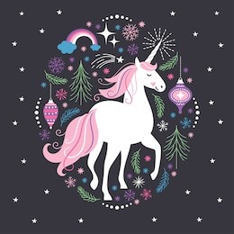 christmas card with unicorn, vector illustration on black background