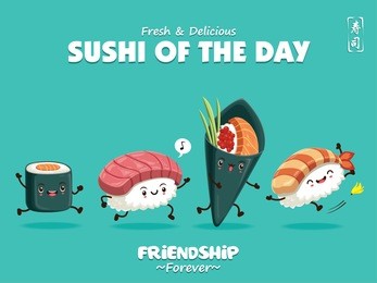 vintage sushi poster design with vector sushi character. chinese word means sushi.