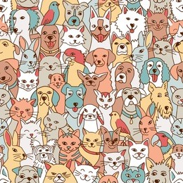 hand drawn seamless pattern with cute pets: dogs, cats, birds, bunnies, hamster