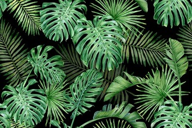 seamless pattern with tropical leaves on a dark background. palm trees and monstera. hand-drawn watercolor background.