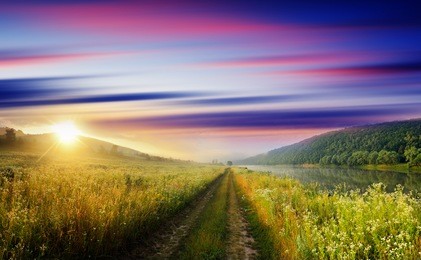 majestic summer sunset in the river. hdr image