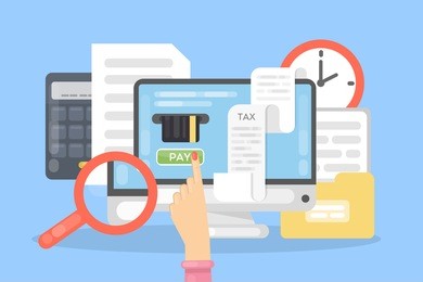 tax payment online with computer. anlyzing finances.