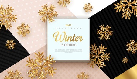 christmas background with gold snowflakes. vector illustration. square frame with place for text on trendy geometric backdrop. winter template design for posters, flyers, brochures or vouchers. 