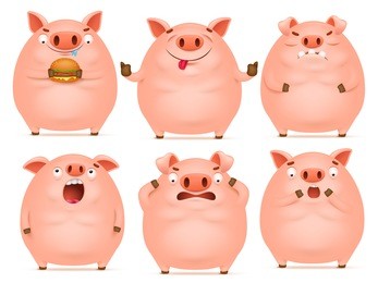 set of cute cartoon emotional pink pig characters. vector illustration