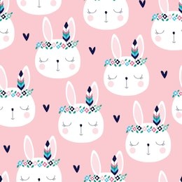 seamless cute white bunny rabbit in hippie style pattern vector illustration