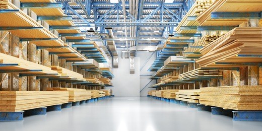 warehouse with variety of timber for construction and repair. delivery concept. 3d illustration