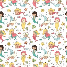 funny mermaids. seamless vector background with little mermaids.
