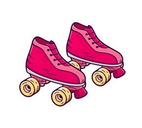 retro quad roller skates icon isolated on white background. pink and yellow color girl rollers in flat cartoon style for t-shirt or logo design