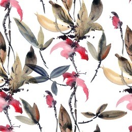 watercolor and ink illustration of flower. sumi-e, u-sin painting. seamless pattern background.