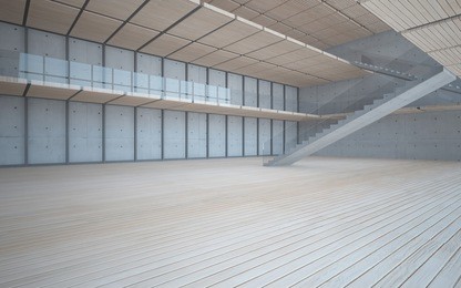 abstract  concrete and wood interior multilevel public space with window. 3d illustration and rendering.