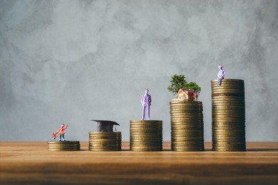 child, congratulations graduates, business man, house, old woman on top of the money saving money financial concept.