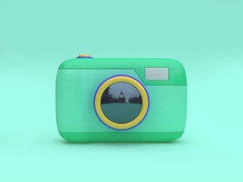 3d green toy camera cartoon style minimal green background 3d rendering