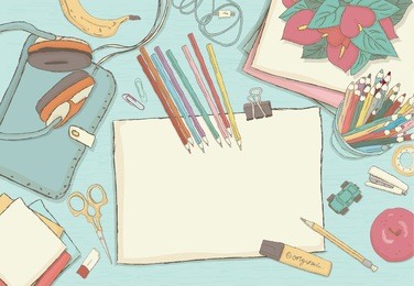 illustrated workplace organization. top view with textured table,  notepad, stickers, scissors, diary and earphones. desk vector illustration of office stationery