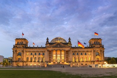 berlin night city skyline at reichstag (bundestag), berlin, germany