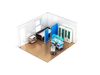 concept isometric chamber with incubator for children bed 3d render on white background