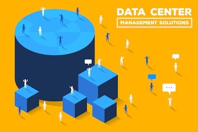 vector creative business illustration. data center concept on yellow background. group of people and big blue 3d objects. symbol of server technology. isometric design for presentation, banner, web