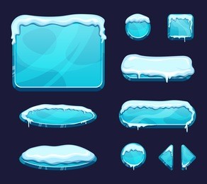 mobile game ui template in cartoon style. glossy buttons and panels with ice and snow caps. panel interface cover snow decoration effect illustration