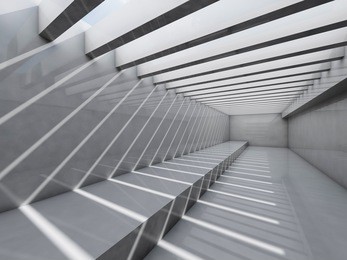 abstract empty interior background. room with ceiling illumination and striped pattern of shadows and light beams, 3d render illustration