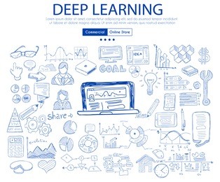 deep learning concept with business doodle design style: online studies, best books ,top resources. modern style illustration for web banners, brochure and flyers.