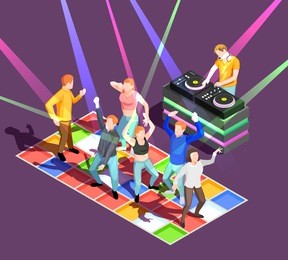 party people dancing on colorful floor at disco 3d isometric vector illustration