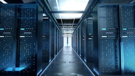 network server room with computers for digital tv ip communications and internet,3d rendering.