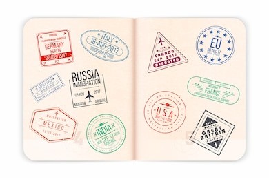 vector passport with stamps. open passport pages with airport stamps and watermarks. realistic international document for travel