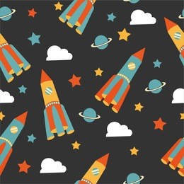 space elements seamless pattern. space background. space doodle illustration. vector illustration. children seamless pattern with cartoon space rockets, planets, stars