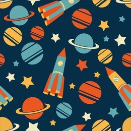 children seamless pattern with cartoon space rockets, planets, stars