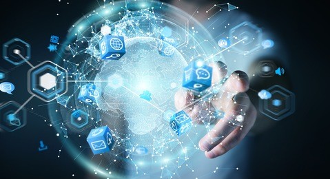 flying earth network interface activated by businessman on blurred background 3d rendering