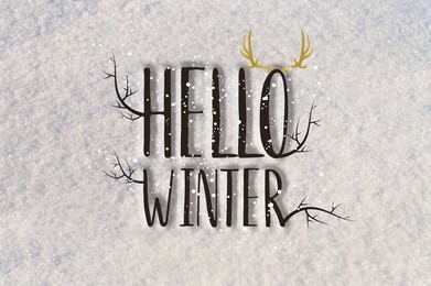 hello winter sign on white snow background decorated with deer horns and tree branches