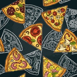 seamless pattern slice pizza pepperoni, hawaiian, margherita, mexican, seafood, capricciosa. vintage vector color and white engraving illustration for poster, menu, box. isolated on dark background