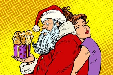 santa claus and beautiful woman, a surprise christmas gift. new year and christmas. pop art retro vector illustration