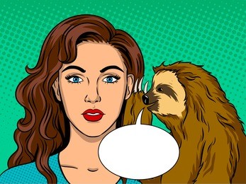 sloth talking with girl pop art retro raster illustration. comic book style imitation.