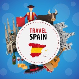 banner travel to spain. elements of  spanish tradition and architecture in the shape of a circle with the text on a blue background vector illustration flat