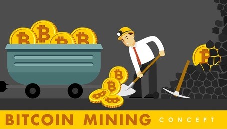 cryptocurrency concept with businessman miner and coins. young man with shovel and pickaxe working in bitcoin mine 