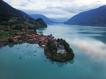 aerial view of iseltwald on lake brienz
