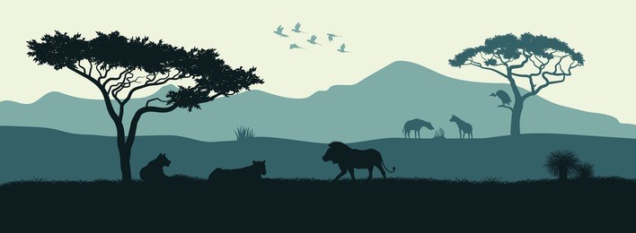 black silhouette of animals of the african savannah. lions give out among the trees. landscape of wild nature. africa. vector illustration
