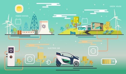 vector.electric station, friendly modern green house, solar, wind power. mini electric car charging system. ecologically clean transport. ?harging system.  flat design.