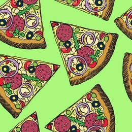 hot italian pizza slice with salami, rucola, tomatoes, onion, olives and cheese, hand drawn doodle, sketch in pop art style, seamless pattern design on olive green background
