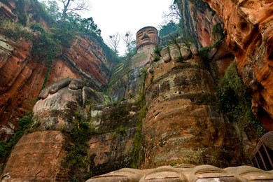view of the buddha statue in leshan, china. leshan buddha is the world's largest statue of buddha, whose height is 71 meters. 