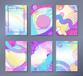 abstract posters set in trendy 80s-90s memphis style with patterns, frames and geometric shapes, colorful background with text place, vector illustration